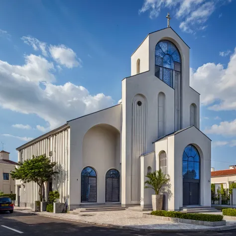 Architectural style Architectural style,  ((Classic church :1.3)),(masterpiece) , ((best quality)), dramatic lighting, high quality outdoors, sky, day, cloud, tree, blue sky, building, scenery, road, real world location,  sunlight, enough detail, high reso...