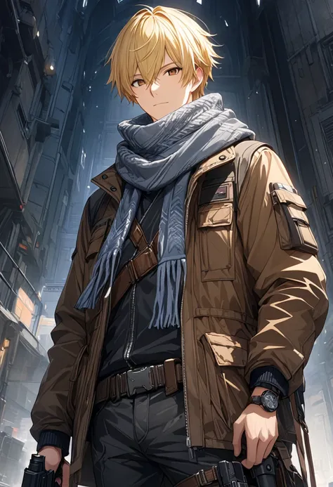 1.5, best quality, high quality, High definition, High quality texture, high detail, beautiful detailed, finely detailed, extremely detailed cg, detailed texture, 1man, boy, male, ANIME ((ragged scarf)), adventurer's jacket, modern, adventurer, blonde hair...