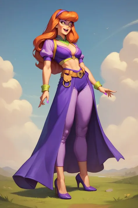 Daphne blake, wearing the pirates ahoy outfit, full body, purple and yellow spiral eyes