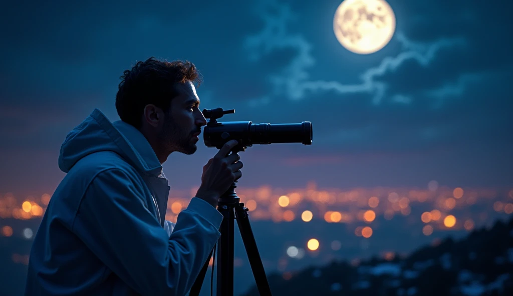  Scientist  is Watching the moon using telescope at night blue,purple & black and the night lights with bright environment 