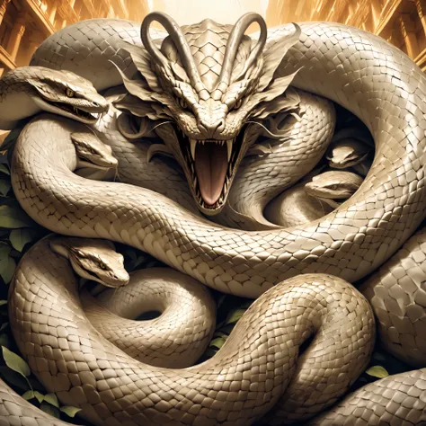 Masterpiece,  ultra-realism ),  Yamata no Orochi , A giant snake with eight heads,  dynamic composition,  EXTREME DETAILS ON THE SKIN AND FACE 