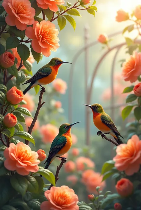 Draw a picture of apricot flowers in a strong garden and give beautiful birds a chance
