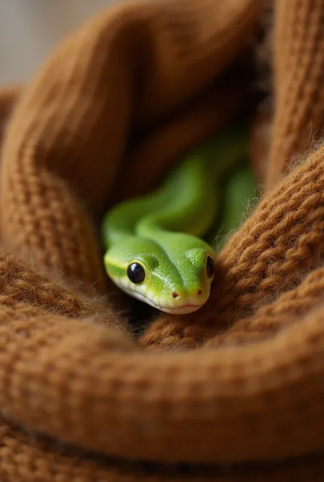 beautiful green snake、cute black eyes 、Baby snake、It's coming out of a scarf that only warms my head、brown scarf 、 super real