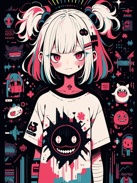 hightquality、neon color palette、high-level image quality、Kawaii Girl、Unprecedented amount of drawing、anime styled、Geometric pattern background、sticker style、short hair、dark hair、brown eyes, messy hair, menhera, bandages, loose clothing, baggy t-shirt, self...