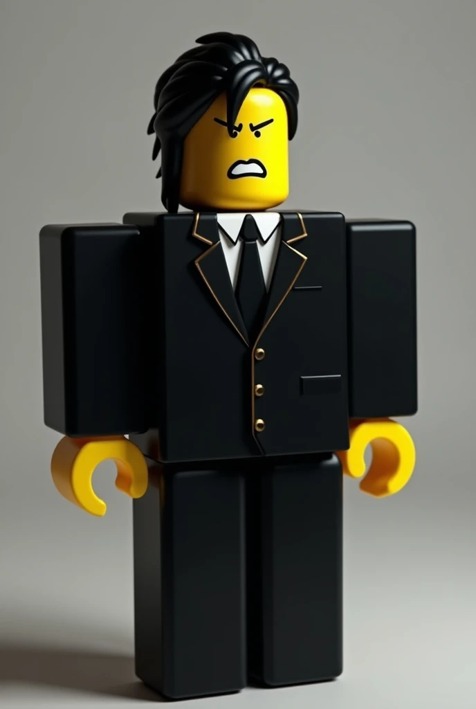 Generate an image of a square Roblox Character, with an excerpt from Valkyrie, and black suit , with yellow skin and with a bad face