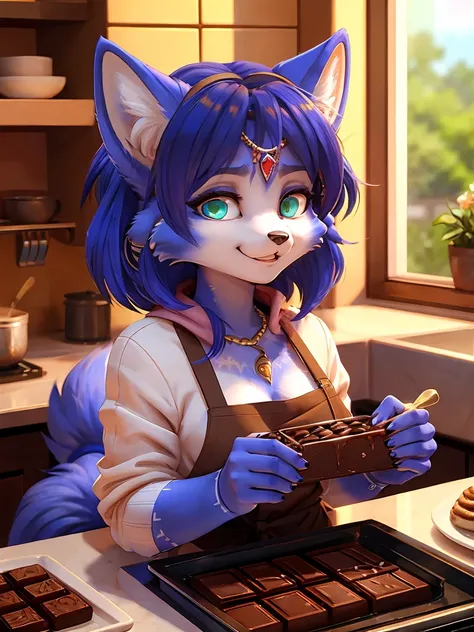 ((krystal)), Star Fox-Krystal, lovable,   green eyes, (((  long blue hair 1 .3))), Decollete, anthro, blurred,  detailed Fluffys fell,   detailed face , (Fluffy),   1 girl, , smile, Cook, chocolate, Container, 1 whisk , stains, making chocolate Scathach, s...