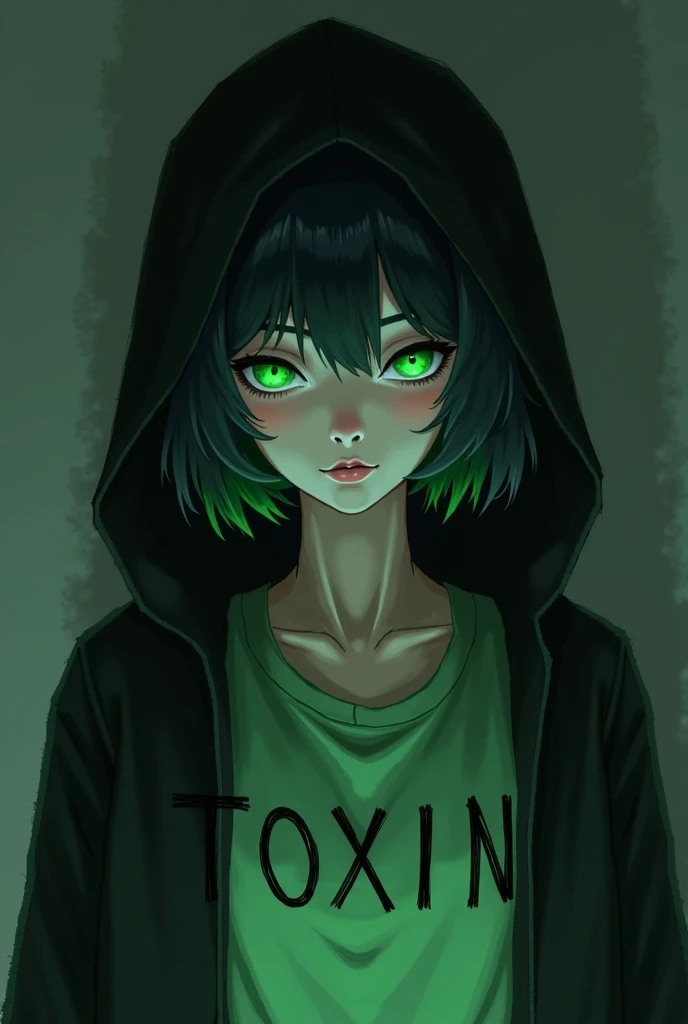 A girl with short black hair with green highlights, bright green eyes, pale green, pale green and a black hood with a lonely look Without letters