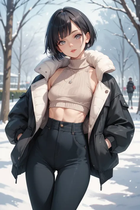 skinny girl,  grey eyes,  short hair,  black hair,  very small breasts,  skinny legs,  wide hips, in the park, winter,  warm pants , jacket, high waist pants