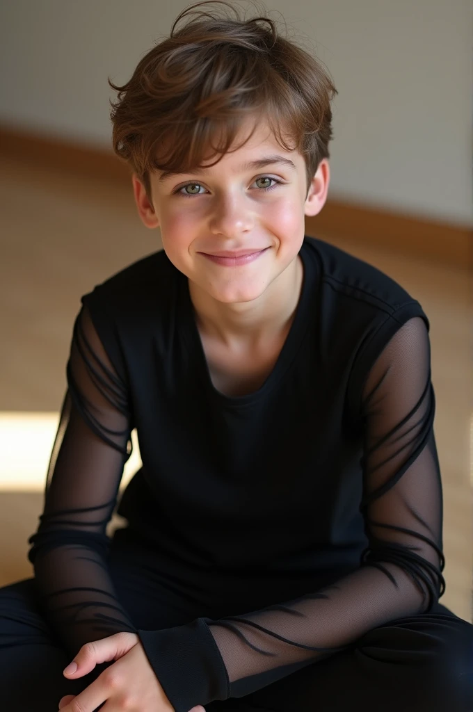  Boy with gray eyes showing a smile to the camera ,  Peach lips, white skin with slightly pink cheeks ,  fluffy short brown hair , defined features, delgado,  wears a black shirt with long mesh sleeves showing his abdomen, long pants,  sitting on the floor...