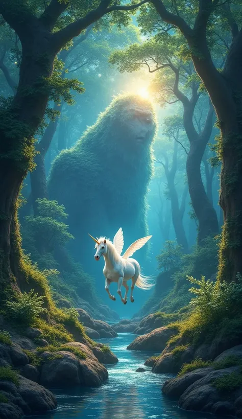 A magical forest where there are fantasy creatures that give light, such as glittering fairies.

A water giant protecting a hidden city under the sea.

A flying unicorn, with stars shining on its wings, and on its way to the galaxy.

