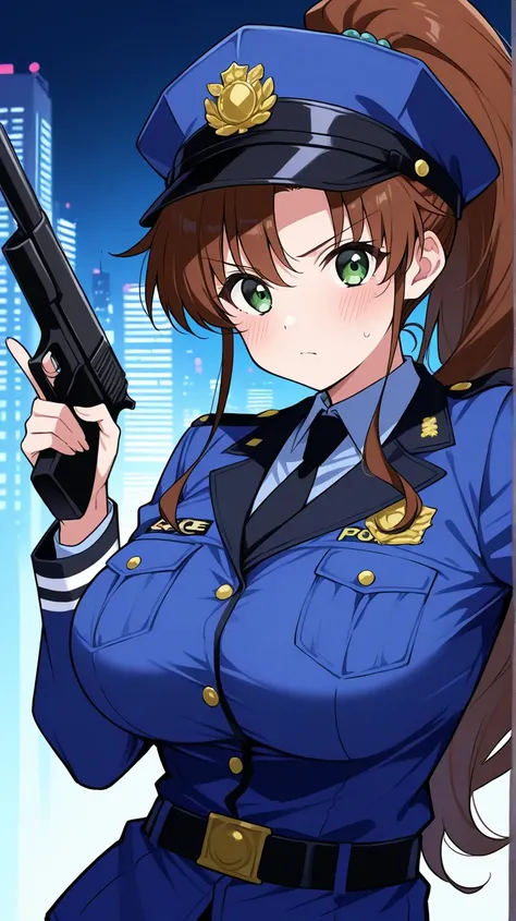 obra maestra, mejor calidad, 1 girl, Kino Makoto, solo, LONg hair, blush face, Brown hair, green eyes, ponytail hairstyle, LARGE boobs, POLICe outfit, POLICE HAT,CITY background, SERIOUS face, Pointing with gun, 