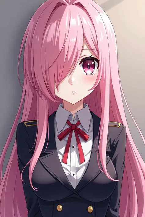 A girl from the anime Diabolik lover in uniform ,  pink hair and one eye gray and the other pink 
With very long hair and white complexion, Subaru, a handsome, masculine white-haired boy with one eye covered by his hair, Ojos rojos, Vampire and tall 