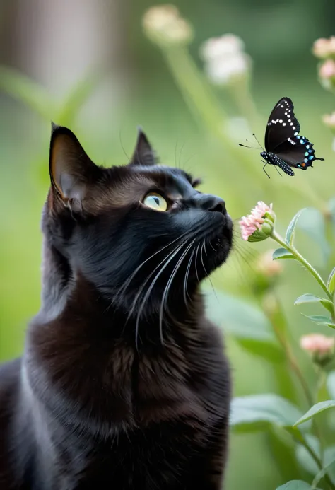 A curious black cat gazes upwards, with a delicate butterfly perched delicately on the tip of its nose. The butterfly’s wings flutter gently, as if testing its footing on the cat’s nose. The cat’s expression is one of calm fascination, its eyes focused int...