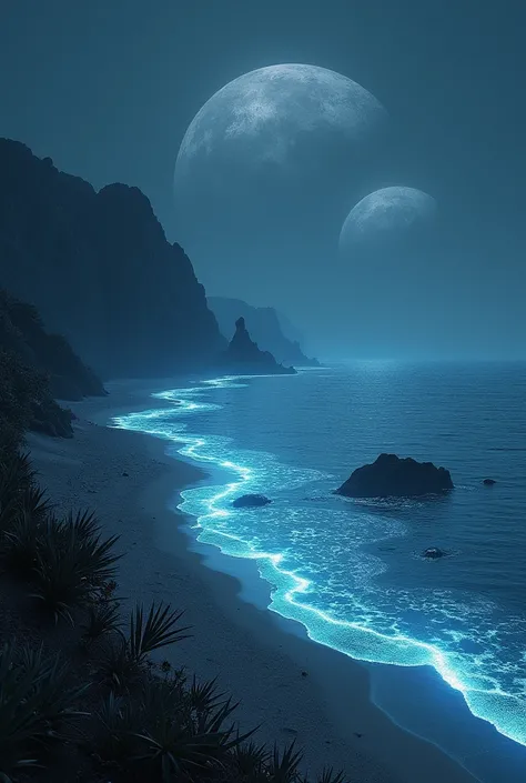 A picture of Seaside in a different planet, with bioluminescence in the water, Three moons in the sky. Make the color palette dark color based. 