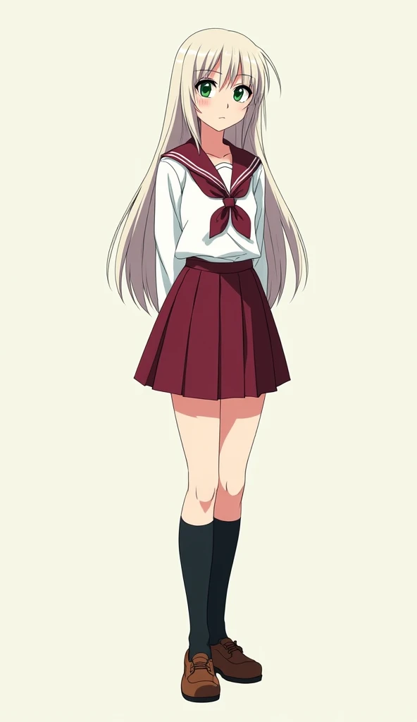  anime style, Digital Art, Fujicolor,  Japanese Illustration Style,  Illustration , An anime-style full-body character from the 90s,A university student with platinum hair and green eyes,She wears a traditional Japanese school uniform,a dark red mini skirt...