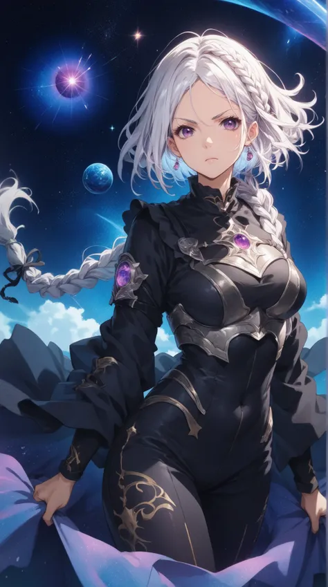 A serious anime mature girl with long, one braid white hair and intense violet eyes, dressed in a dark silver and black suit with sharp, angular armor plating, standing against the backdrop of a cosmic nebula with swirling colors and distant stars. Her com...