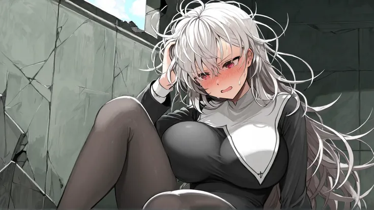 a beautiful nun with big breasts is sitting in open and tight clothes Masterpiece, Super detailed, HD, quality, long hair, light red eyes, super detail background, white hair, asymmetrical Ponytail, messy hair cut, damage, hot, Open Mouth, Nose Blush, 