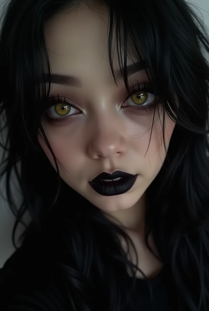 1 woman, detailed hair, good anatomy, ((((from above)))), masterpiece, 16k, black hair, long hair, [[[close-up]]], looking up. black lipstick, eyeshadow, gothic. big eyes, cat eyes, yellow eyes, shiny eyes, sensual, mascara.