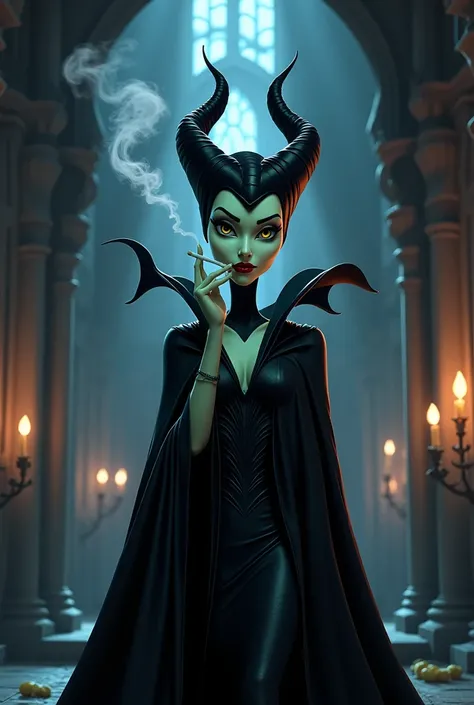 Realistic cartoon image of Queen Maleficent,  smoking a cigarette, inside a castle 