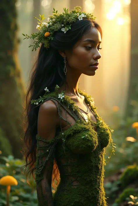 "A portrait of an ethereal female figure, embodying the spirit of the forest, standing gracefully amidst the soft golden glow of a misty morning. Her features are exquisitely delicate, with smooth, deep ebony skin that shimmers faintly as if covered in a f...