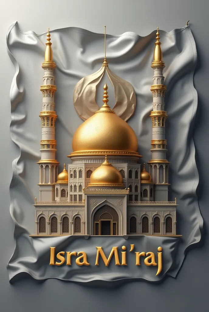 Grey flag with a golden mesjid with the text of ISRA MIRAJ