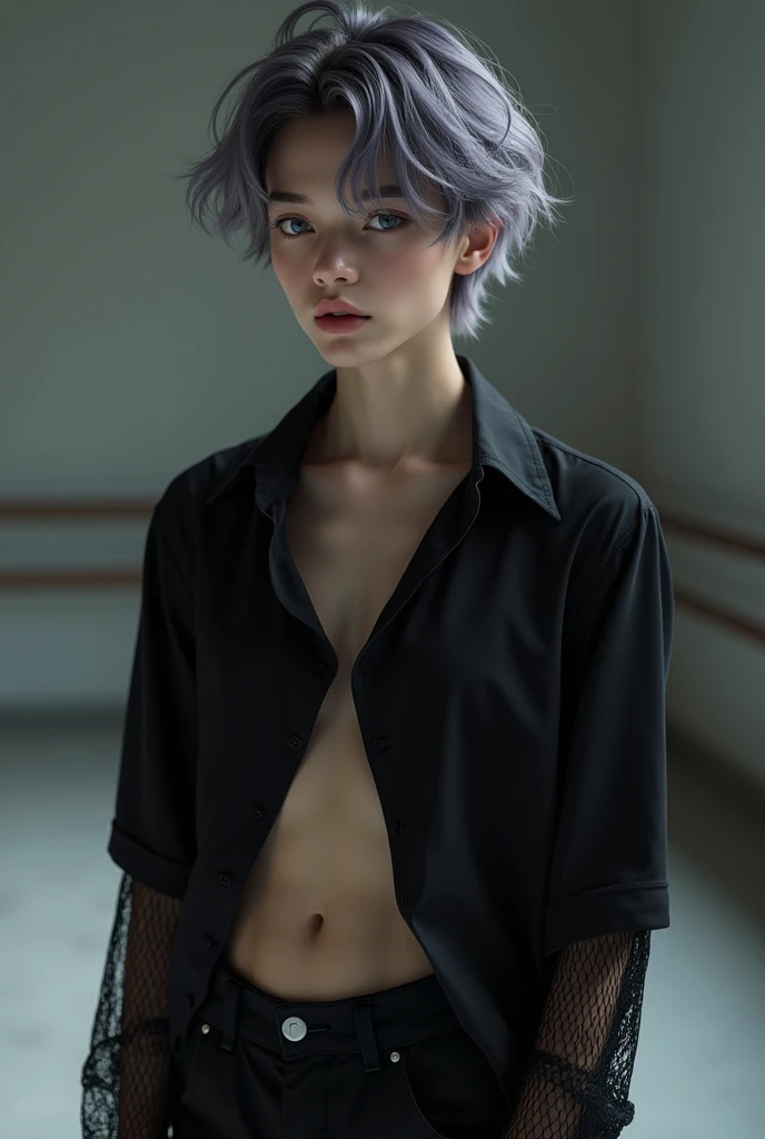  Boy over 20 with gray eyes looking at the camera,  Peach lips, white skin with slightly pink cheeks ,  slightly long gray purple hair , defined features, delgado,  wears a black shirt with long mesh sleeves showing his abdomen, long pants, standing in a d...