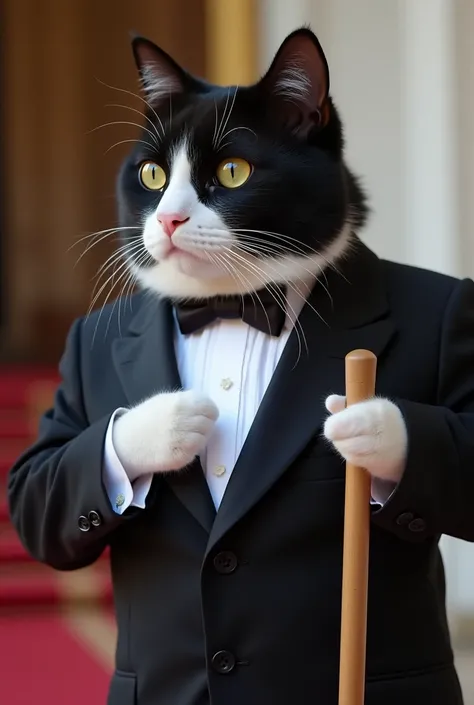 Tuxedo cat ,  black and white cat , Important posture, President of the Argentine nation, Presidential walking stick for little mouse, Argentinian presidential band, Greeting from the balcony of the Casa Rosada in Argentina 