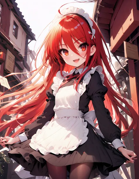 shana ,Alone, long hair, Red Hair, red eyes, stupid hair,smile,blush, open their mouths,Maid服,rib tights , black pantyhose , pin heels,black色ロングスカート,Maid head dress , Maid apron, Maid Dress,Maid, Maid outfit,black_ dress ,Holding a stack of papers in bo...
