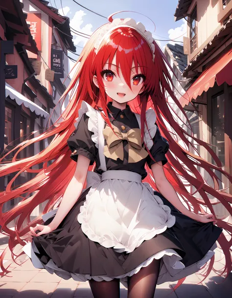 shana ,Alone, long hair, Red Hair, red eyes, stupid hair,smile,blush, open their mouths,Maid服,rib tights , black pantyhose , pin heels,black色ロングスカート,Maid head dress , Maid apron, Maid Dress,Maid, Maid outfit,black_ dress ,Holding a stack of papers in bo...