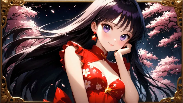 (masterpiece, best quality, very aesthetic , ultra detailed), intriguing details, aamars, long hair, black hair, hair combed to the side, star earrings, small breast, hand on own face, 1girl, red dress, white cherry blossoms printed, smile, detailed backgr...