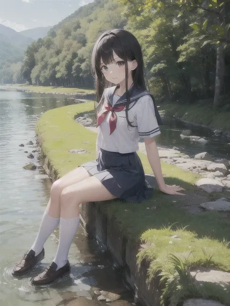  girl 、school uniform、 skirt 、 white high socks、shoes、
Riverbank、 deep in the mountains