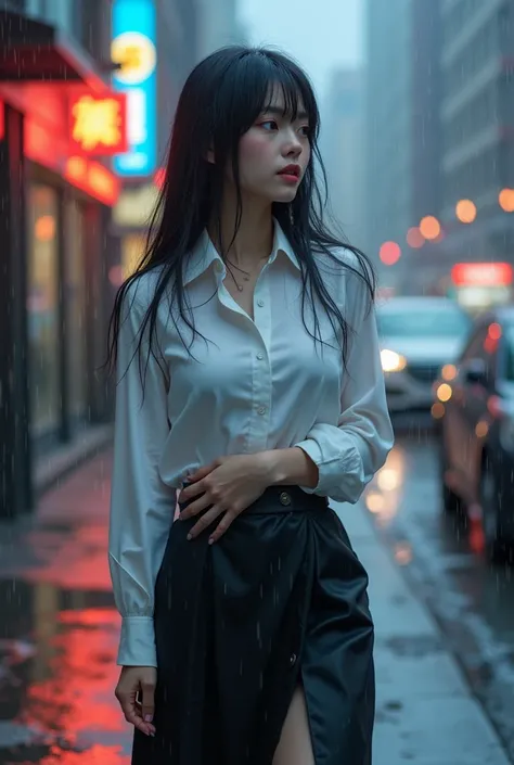  realistic , 1 Girl, (lily asian girl: 1)a secretary,  walks on the side of the city street ,  wearing a long-sleeved white shirt, black skirt. wet clothes due to rain ,  hands encircling his waist from the cold