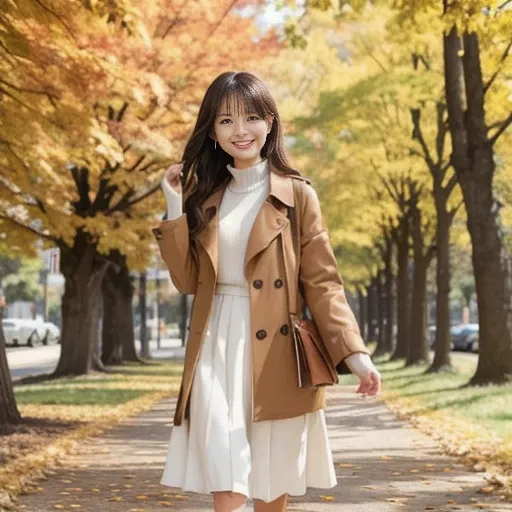 This painting depicts a person (full body) walking on a promenade in a park with autumn leaves. She is wearing an ochre-colored trench coat and a long white skirt. In the background, beautiful trees with autumn leaves are spreading out, and the warm autumn...