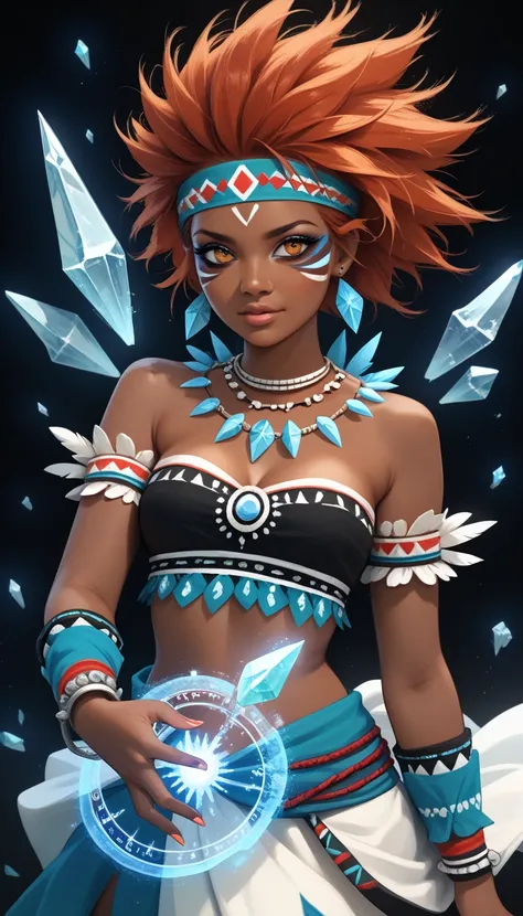 Solo, dark skinned girl, really short hair, spiked hair, auburn hair, golden eyes, Feathered Tribal Headband, Feathery Angelic Clothes, Tribal Makeup, Jeweled golden necklaces, Fishnets, Jeweled gauntlets, ((crystal magic in both hands)), In Combat, black ...