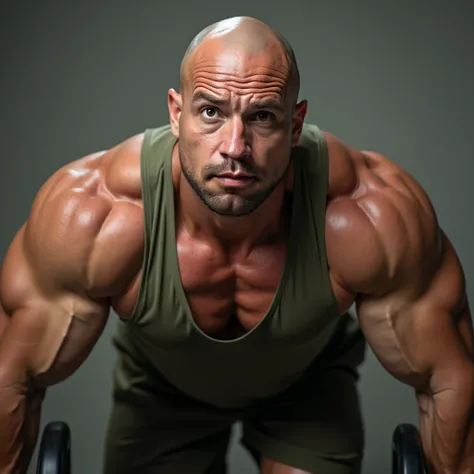  face close-up， A muscular bald young hunk，Big shoulders and round waist，American-style inch ，Round Face， wear a military green vest and shorts，Do sit-ups ，face lens，