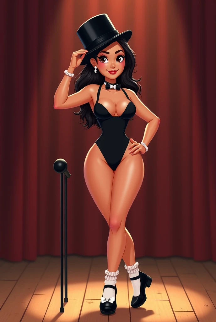 Beautiful Mexican American woman in her 20s with medium thighs, lean body, wearing a black leotard, tipping her black top hat, black bow with white collar around her neck, black Mary Jane tap shoes, with white ruffled socks, black cane to tap dance sexy wi...