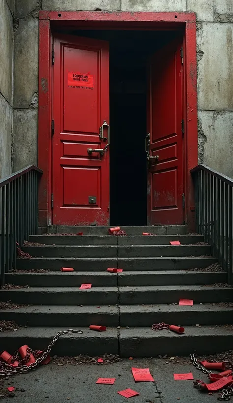 Porte rouge : Une grande porte rouge lourde, située en haut d'un long escalier. La porte est rouge vif, symbolisant les épreuves passées. Derrière la porte, il y a une obscurité profonde, représentant un environnement sombre et stressant.Escalier : Un esca...