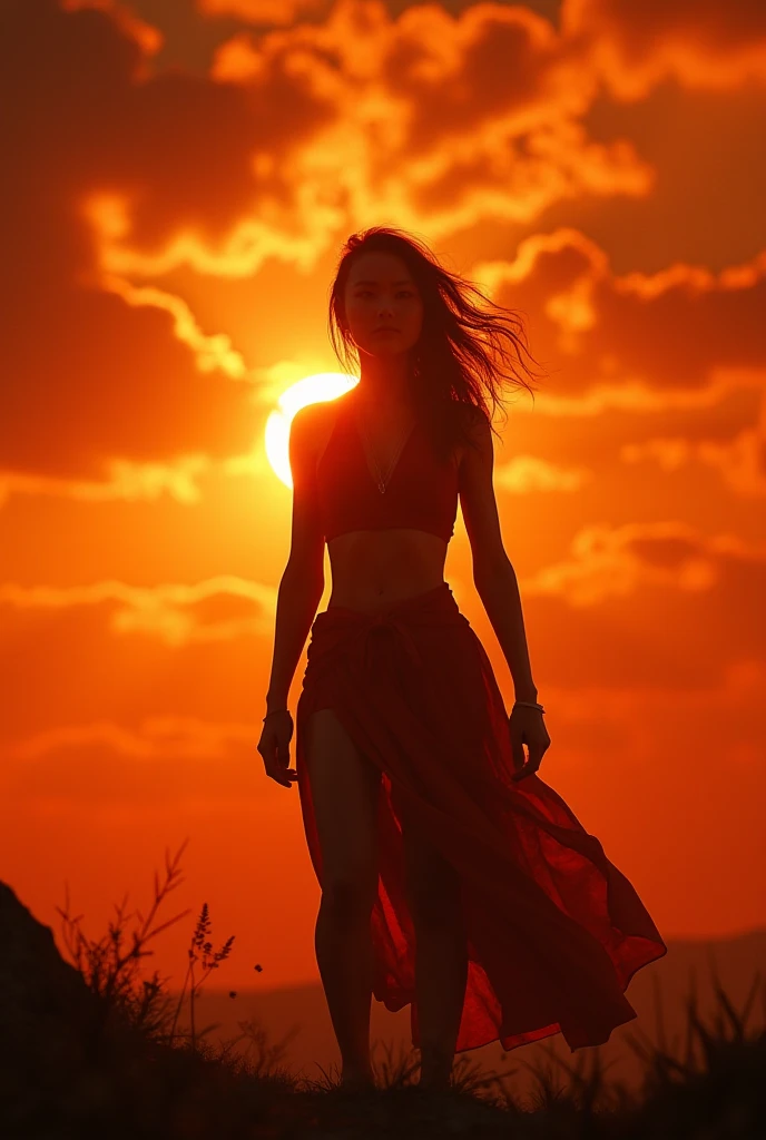 "Embers of a New Dawn"
She rises from the ashes, a fierce silhouette against the fiery horizon, draped in the glow of survival and defiance.

Prompt credit: Fay Bartsch