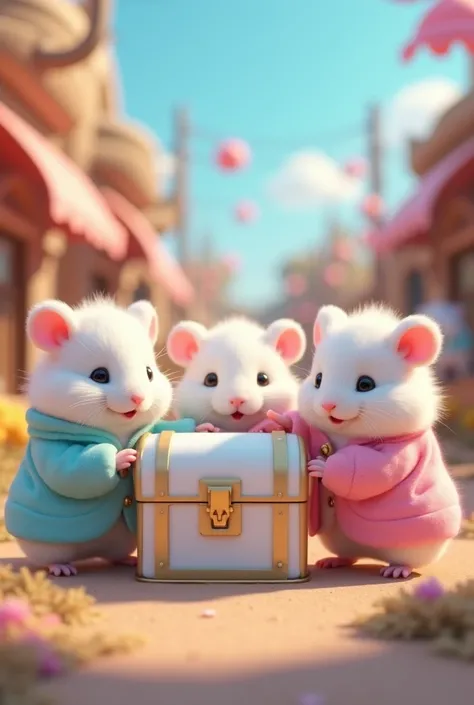  is present,3d,Outdoors ,２The white hamster , The animals are very cute , The animals are dressed in trendy and cute clothes to have fun,１ Hamsters wear light blue clothes · already １Hamsters wear pink clothes , is wild and cool , white hamsters have super...