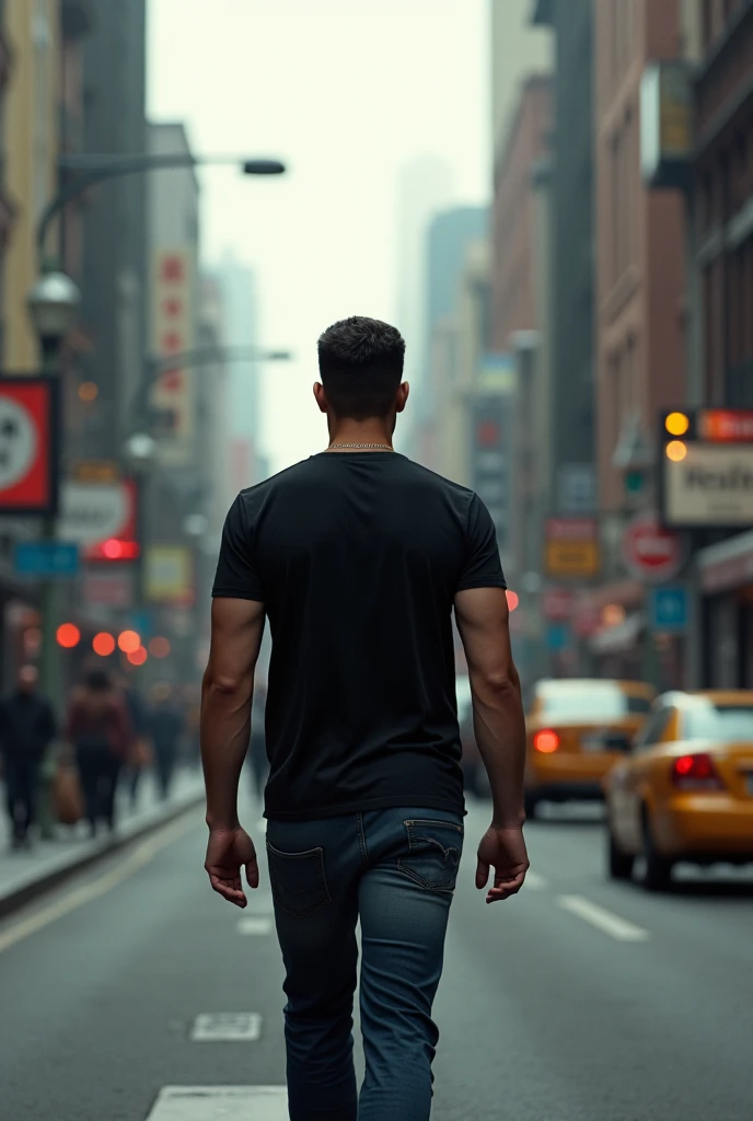 A man wearing a black t-shirt shirt walks the background of the streets 