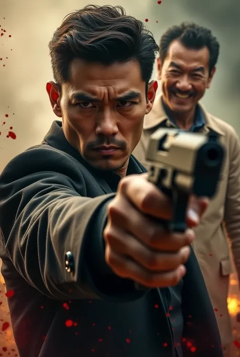 A handsome young man holding a pistol with anger in his face and blood in his face with smoky war background further there is another Chinese scary man standing behind with villain laugh and anger movie poster