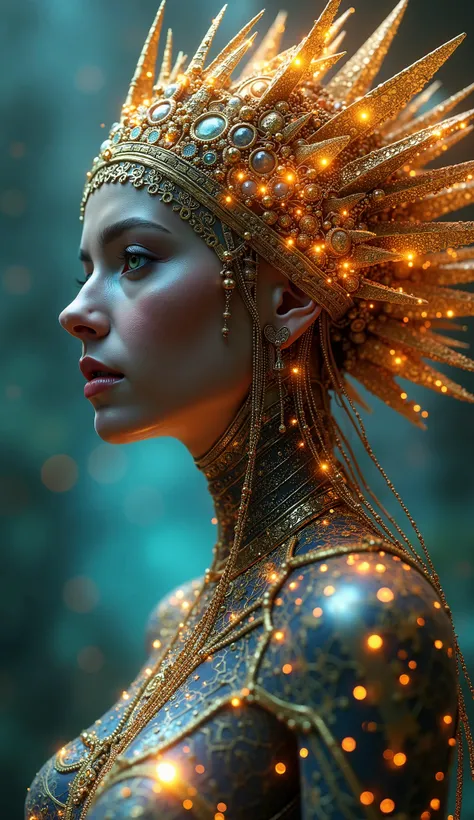 The goddess of wisdom and intelligence, highly technologically advanced and cybernetically enhanced. High Resolution, Masterpiece, Award Winning, Best Quality, High Details, High Quality, UHD, Optical Illusion, Impressionism, Art Deco, Cinematic, Cinematog...