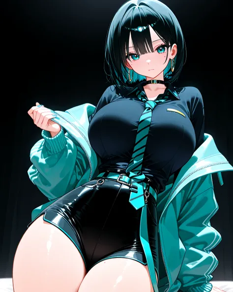 8K wallpaper、 best quality    、masterpiece、     748cm style     、    Hatsune Miku clothes for one woman、 shirt, black tie ,earrings,  jacket  , colored   shirt, Aqua Nail,aqua   jacket  , color,inhite   shirt,   Long Sleeve  ,    off shoulder  ,  choker、 A...