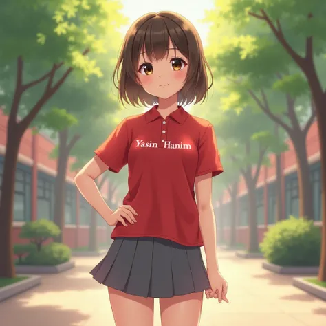 {
  "prompt": "A highly realistic full-body image of a young woman wearing a red polo shirt with the text 'Yasin Hanim' written on it and a Japanese school-style gray mini pleated skirt. She has a youthful, cute, and cheerful appearance, with soft and expr...