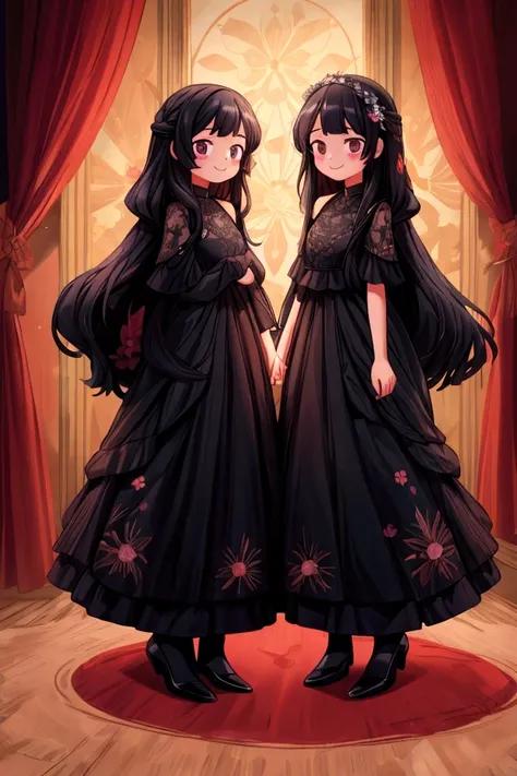 Masterpiece, best quality) 2 girls sisters black long hair, floral long formal dress, indoors, full body, smilling