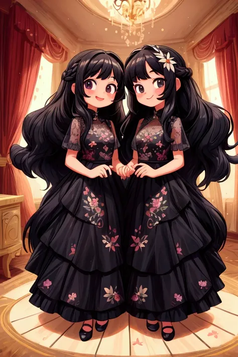 Masterpiece, best quality) 2 girls sisters black long hair, floral long formal dress, indoors, full body, smilling