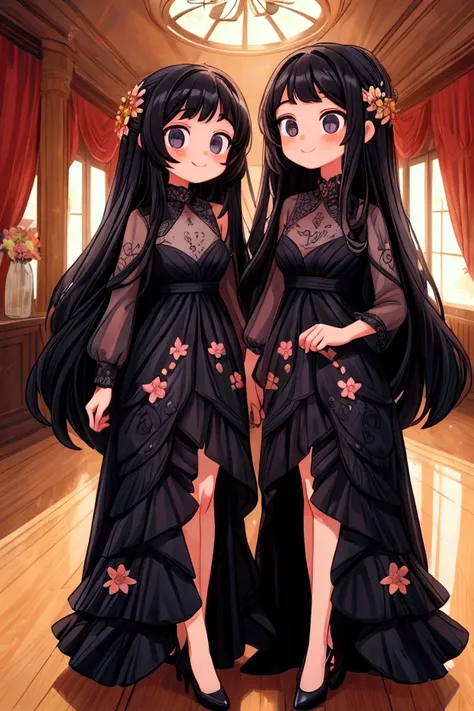 Masterpiece, best quality) 2 girls sisters black long hair, floral long formal dress, indoors, full body, smilling