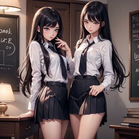 two girls, schoolgirls, beautiful, slender, sexy, depraved, lustful, elastic buttocks, elastic hips, makeup, school uniform, shirt, skirt, stockings, hentai, having sex, fucking, caressing,