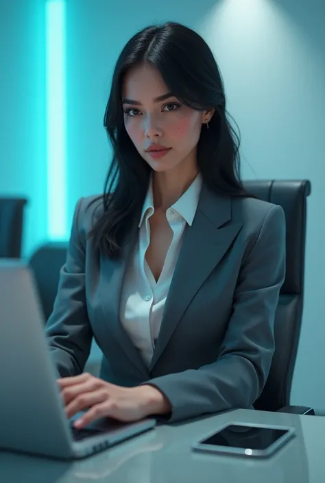 a photorealistic 3D image, cinematic photograph of a confident woman with striking features, black hair, and subtle freckles on her cheeks, sitting in a sleek, modern office chair, wearing a tailored, gray business suit with a crisp white blouse, her slend...