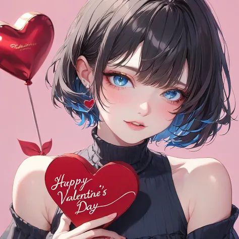 1 girl, blue eyes, dark hair, short hair, Valentine's Day